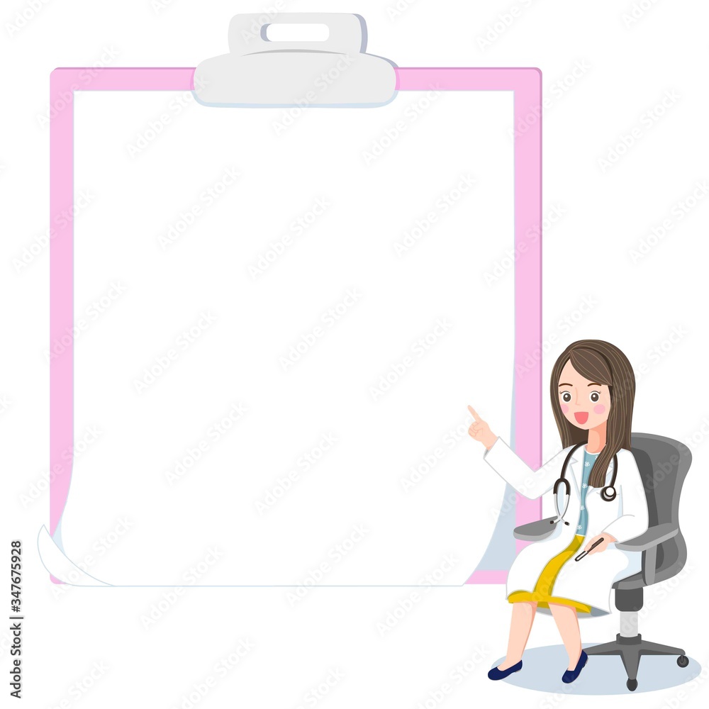 Female doctor sitting on office chair. Blank sheet for explain subject. Female doctor sitting on office chair. Blank sheet for explain subject.