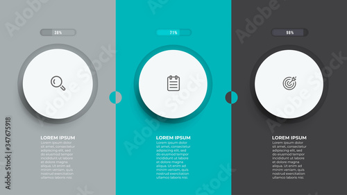 Rectangular elements for business process steps. Timeline with 3 options, circle. Vector illustration.