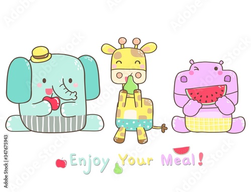Cute animals are eating fruits. Doodle drawing elephant, giraffe and hippo vector.