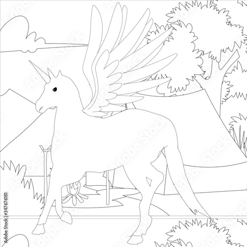 unicorn in the sky. Fantasy art drawn in line art style.seamless pattern. Coloring book page design for adults and kids