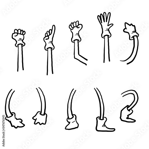 hand drawn vector set of cartoon arm and cartoon leg doodle