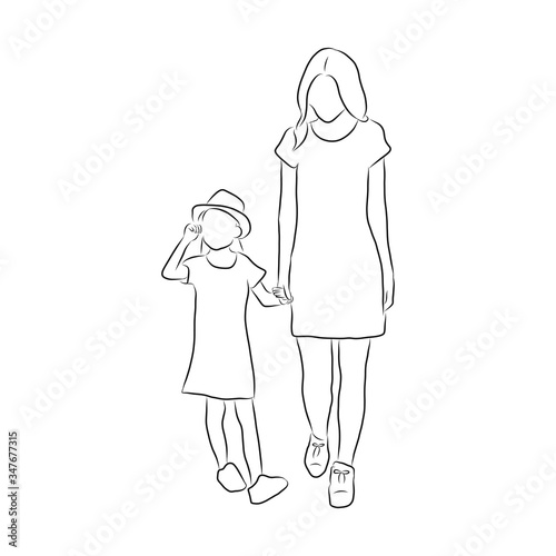 line drawing of mother walks with her child