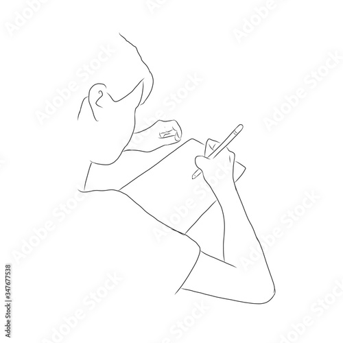  line drawing of a boy holding a pen to draw on a piece of paper