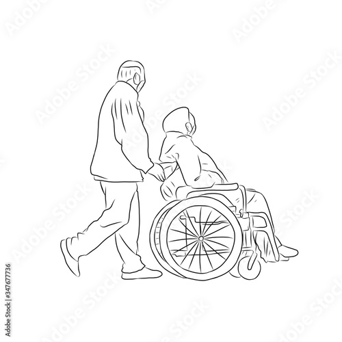 line drawing of one man is pushing a wheelchair for another man.
