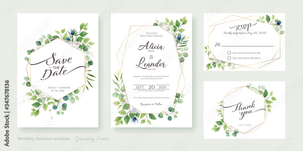 Greenery wedding Invitation card, save the date, thank you, rsvp template.