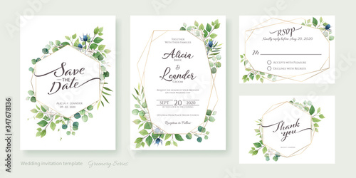 Greenery wedding Invitation card, save the date, thank you, rsvp template.