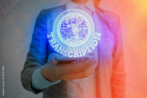 Fototapeta Naklejka Na Ścianę i Meble -  Text sign showing Transcription. Business photo showcasing Written or printed version of something Hard copy of audio Elements of this image furnished by NASA