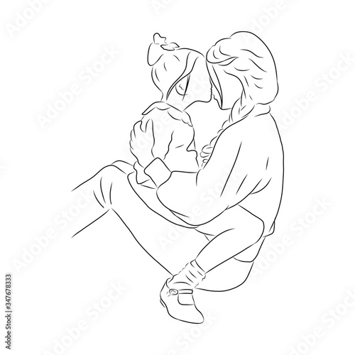 line drawing of children and mother kissing