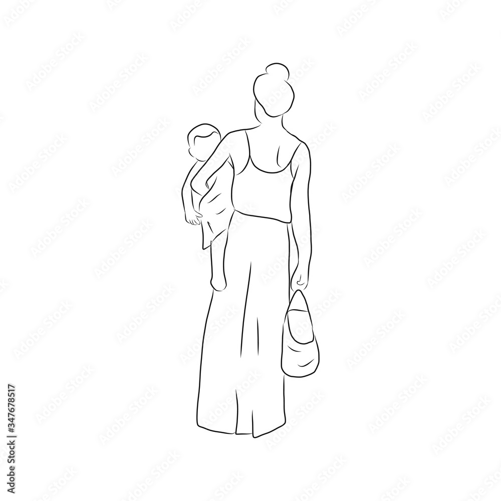 line drawing of mother is carrying a child