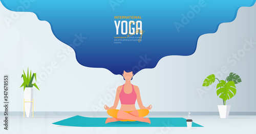 Stay at home and do yoga at home concept banner. Woman sitting at home, room and practicing yoga.
International Yoga Day. Living room interior with sun light from window on wall. Vector Illustration.