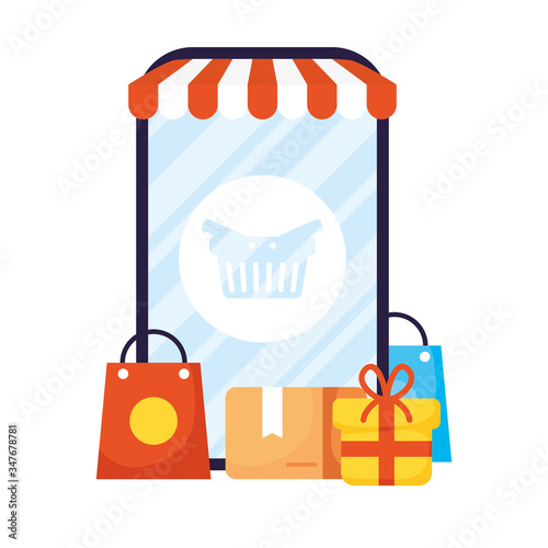 smartphone with parasol and icons ecommerce