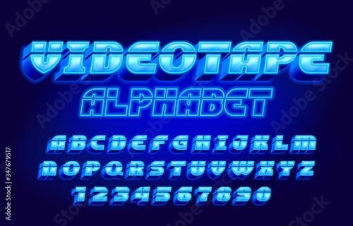 Videotape alphabet font. 3D neon letters, numbers and symbols in 80s style. Retro-futuristic vector typeface for your typography design.
