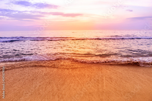 Beautiful sunset at the beach, relaxing by the sea, summer holiday, nature background, tropical weather
