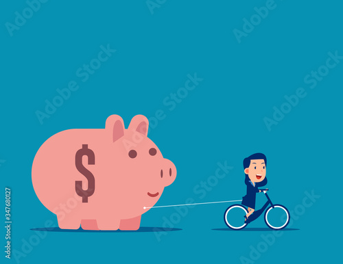 Riding and pulling piggy bank. Business budget and saving concept. Flat business vector style
