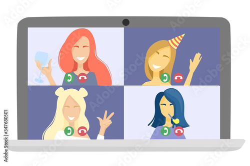 Flat vector illustration. Birthday party online, bachelorette party. Girls talk to each other on a video call. Conference on a laptop. Quarantine, self-isolation during a pandemic.