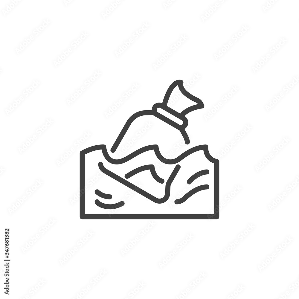 Construction waste, water pollution line icon. linear style sign for mobile concept and web design. Plastic bag on waves outline vector icon. Ocean pollution symbol, logo illustration. Vector graphics