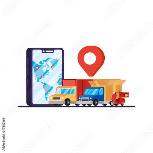 trucks and motorcycle with smartphone delivery service