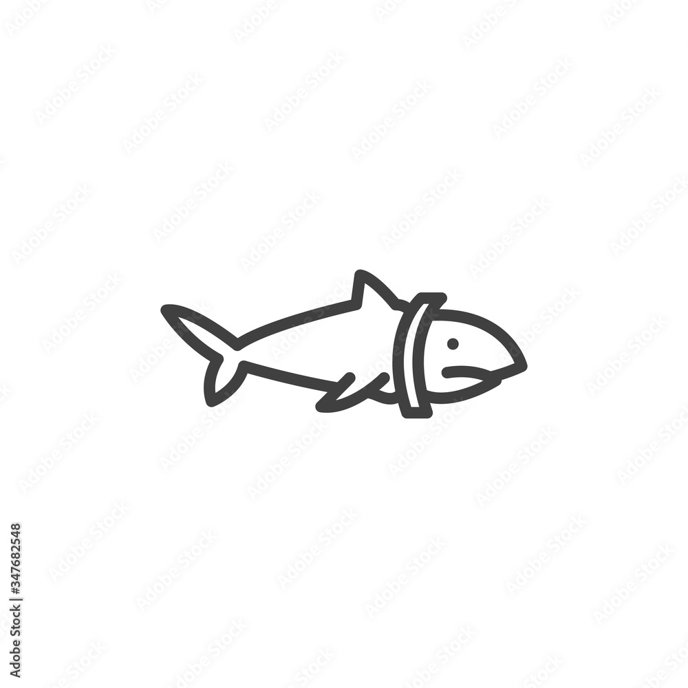 Shark and plastic waste line icon. linear style sign for mobile concept and web design. Marine pollution outline vector icon. Ocean pollution symbol, logo illustration. Vector graphics Shark and plastic waste line icon. linear style sign for mobile concept and web design. Marine pollution outline vector icon. Ocean pollution symbol, logo illustration. Vector graphics