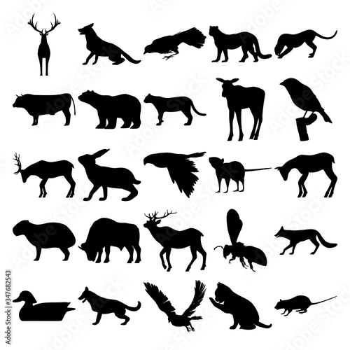 Set of 25 animals. Deer, Wolf, Raven, Leopard, Cheetah, Bull, Polar bear, Cougar, Bird, Rabbit, Mouse, Elk, Capybara, Buffalo, Elk, Bee, Fox, Duck, Dog, Goshawk, Cat
