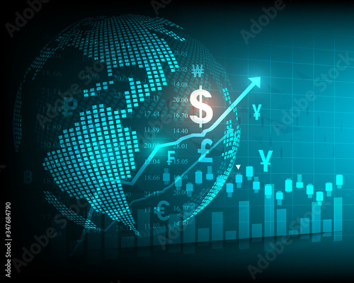 Stock market analysis and stock trading, currency symbols, business graphs and global money transfers