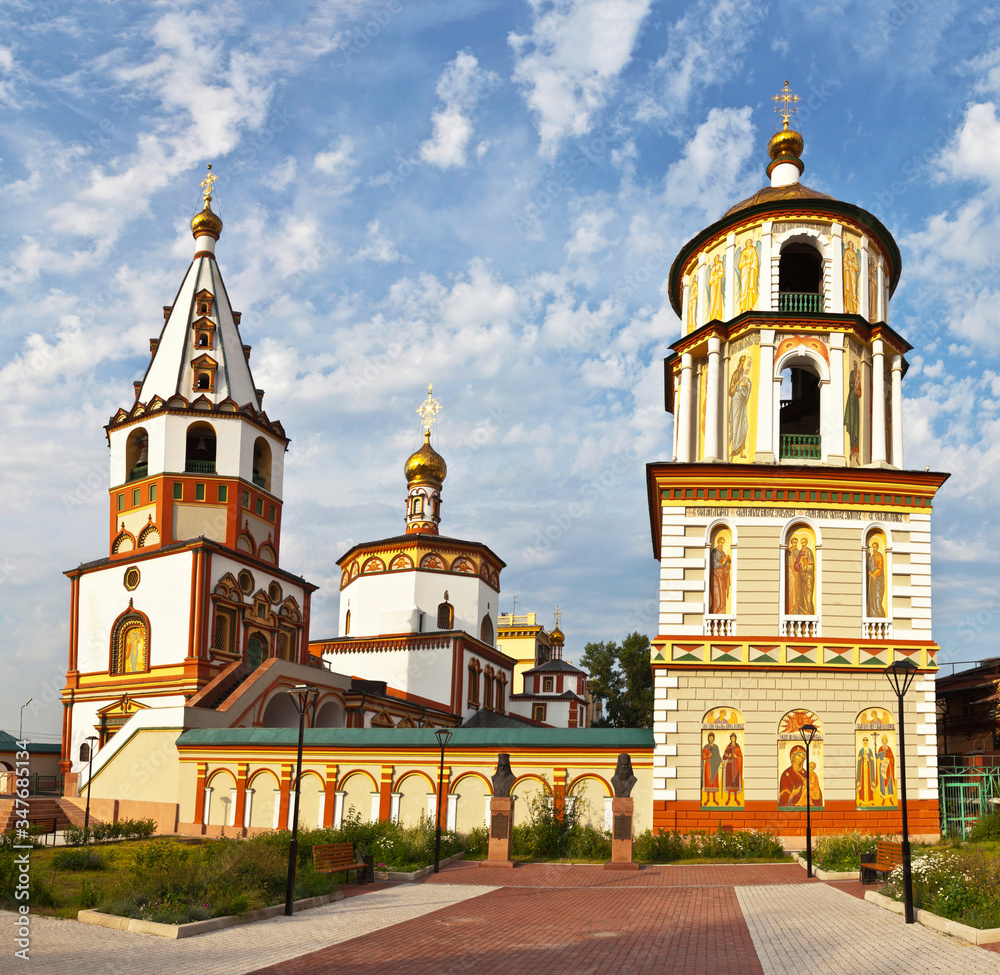 The magnificent Epiphany Cathedral in the style of the Siberian Baroque is the oldest Orthodox church in Irkutsk 1741, the main architectural landmark. Multi-frame panorama. Beautiful summer cityscape