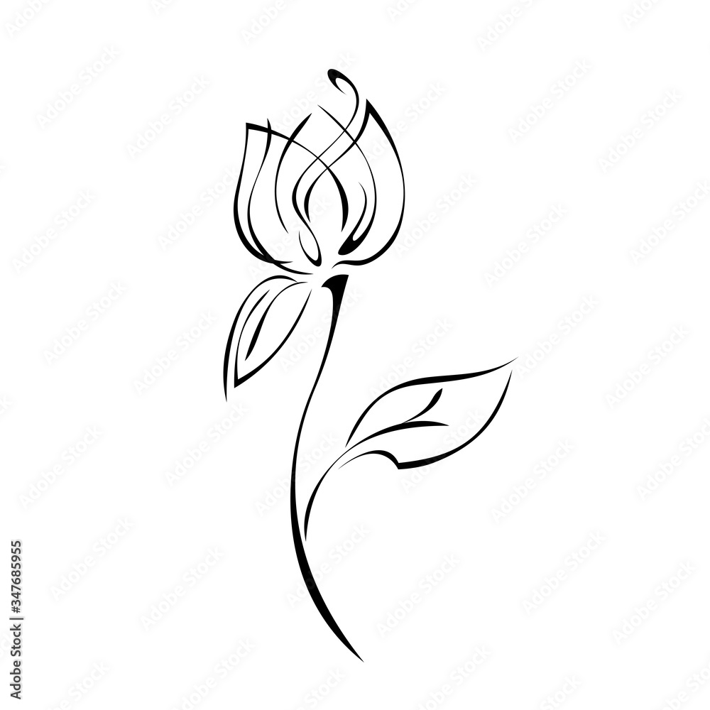 ornament 1153. one stylized flower Bud on a curved stem with a leaf in black lines on a white background ornament 1153. one stylized flower Bud on a curved stem with a leaf in black lines on a white background