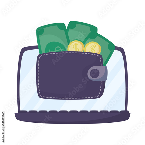 laptop computer with wallet and money