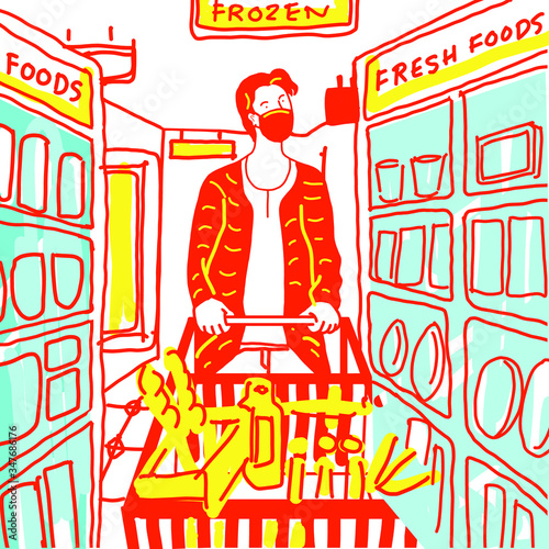 vector illustration of man doing grocery shopping.