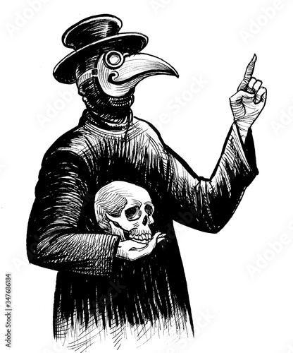 Photography Medieval plague doctor with human skull