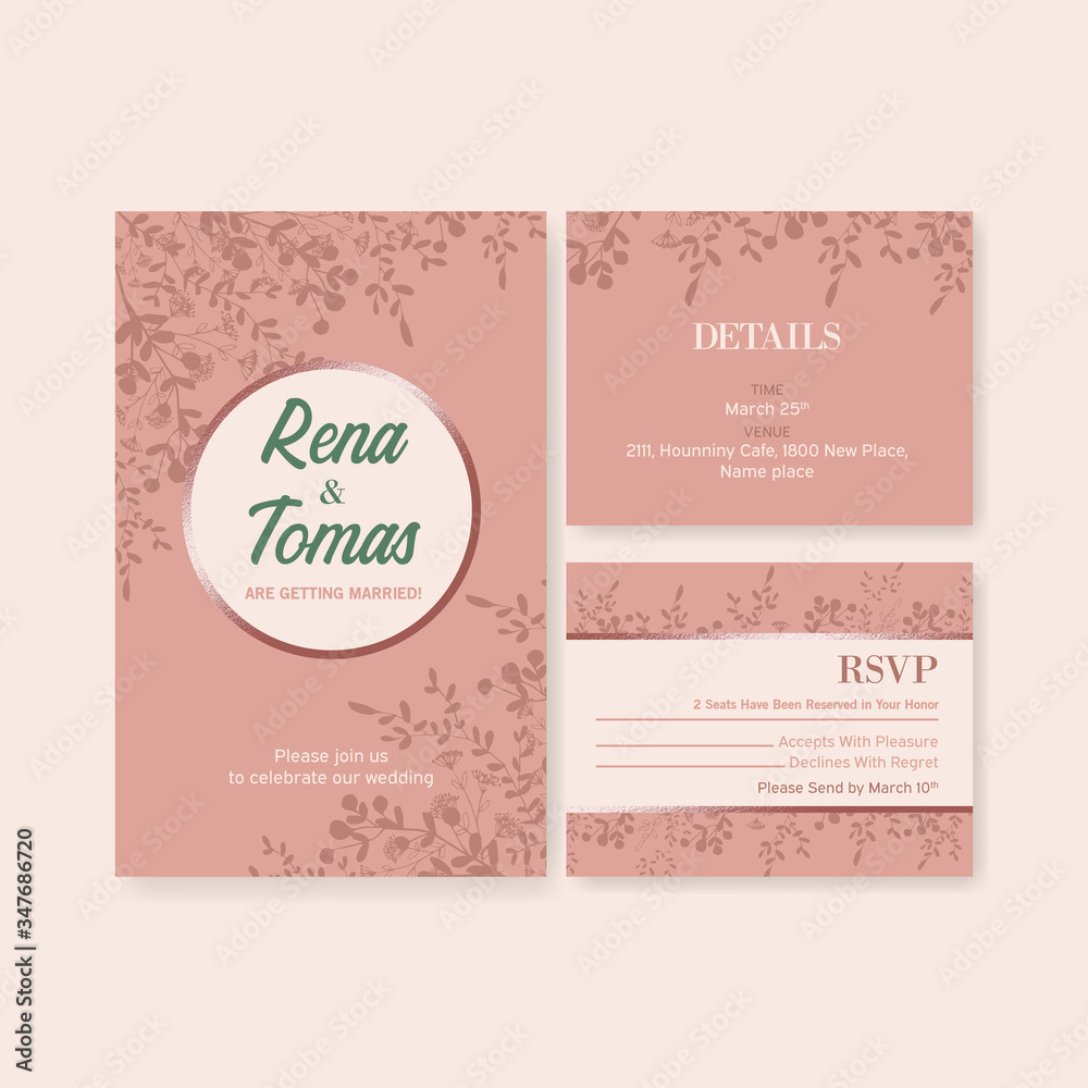 Line flower wedding card design with invitations template. Wedding invitation card, illustration
