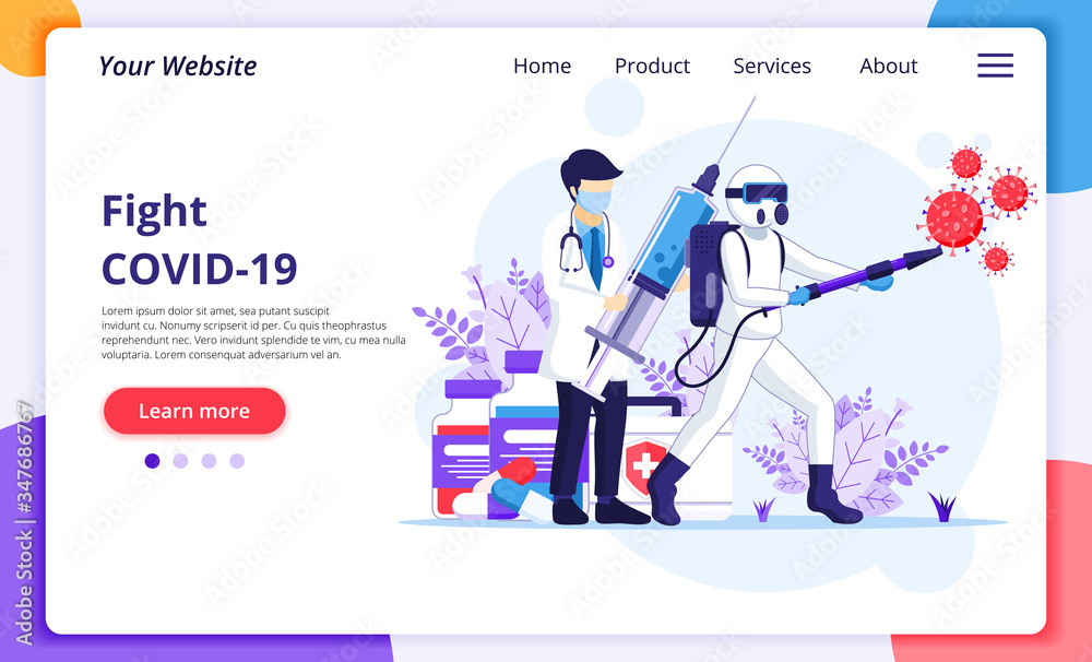 Fight the Virus Concept, Doctor and nurses use weapon to fighting Covid-19 coronavirus. Modern flat web landing page design template. Vector illustration Fight the Virus Concept, Doctor and nurses use weapon to fighting Covid-19 coronavirus. Modern flat web landing page design template. Vector illustration