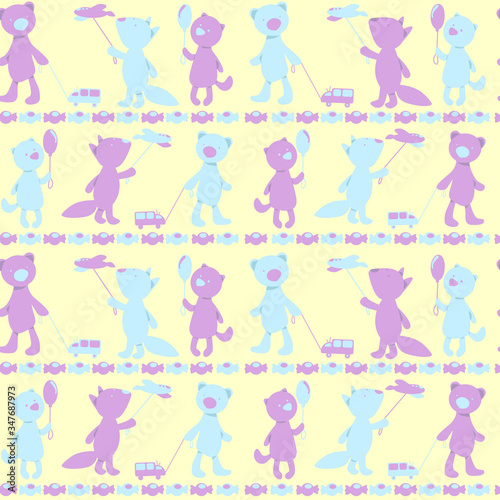 Seamless pattern for children - baby animals bear, fox and cat with toys.