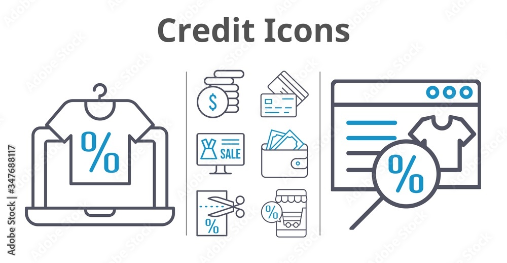 credit icons set. included online shop, wallet, money, voucher, credit card icons. bicolor styles. credit icons set. included online shop, wallet, money, voucher, credit card icons. bicolor styles.