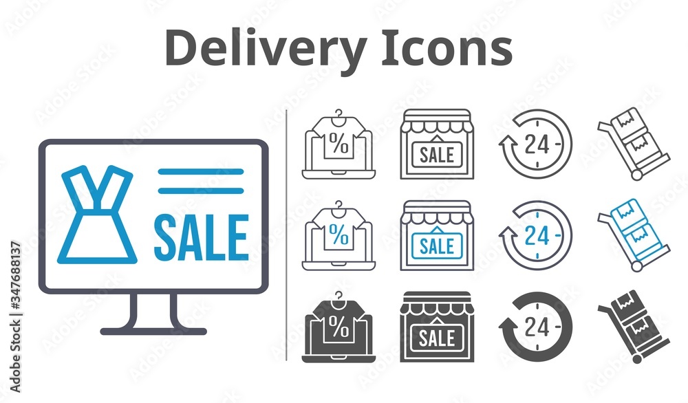 delivery icons icon set included online shop, 24-hours, shop, trolley icons
