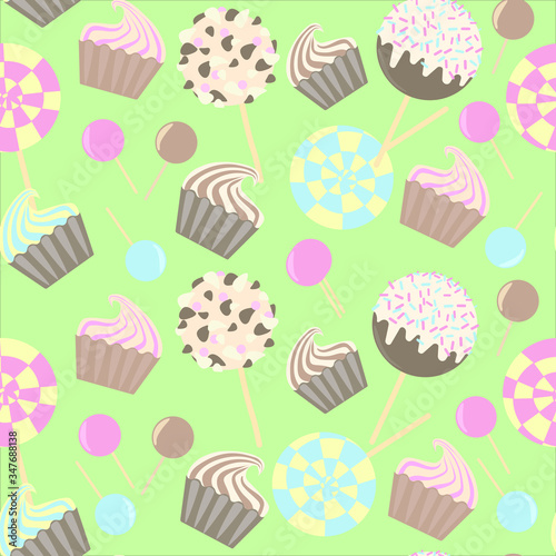 Sweet seamless pattern - caramel, chocolate, marshmallows, pops, lollipops on a yellow background