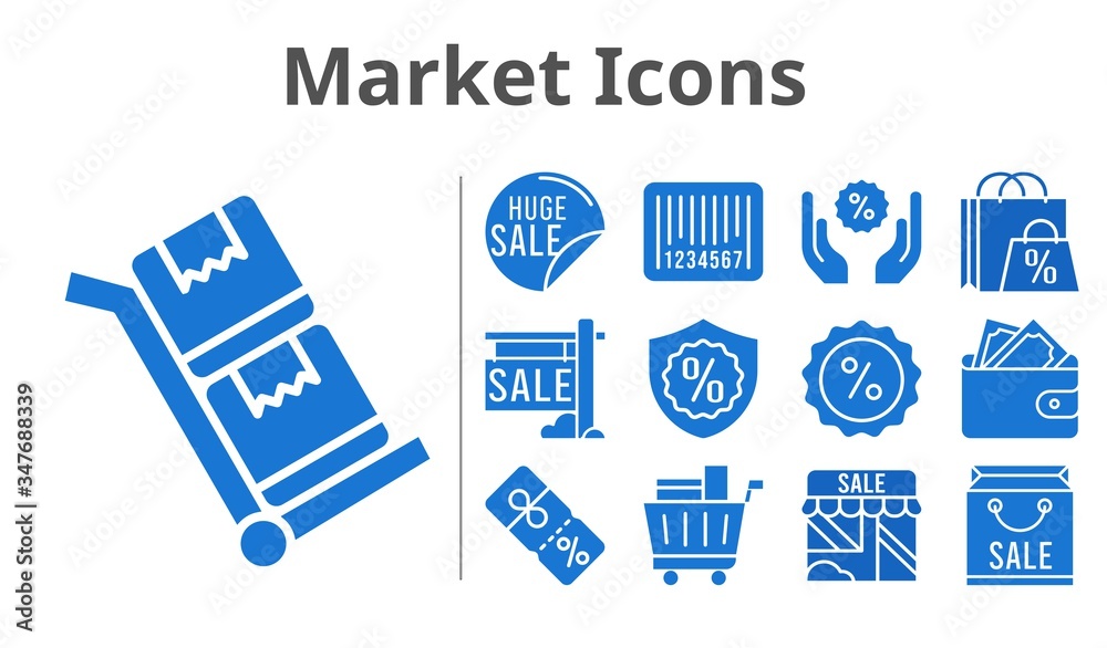 market icons set. included shopping bag, sale, shop, wallet, shopping cart, discount, warranty, barcode, trolley icons. filled styles. market icons set. included shopping bag, sale, shop, wallet, shopping cart, discount, warranty, barcode, trolley icons. filled styles.