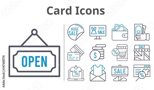 card icons set. included newsletter, online shop, sale, wallet, shop, money, credit card, open icons. bicolor styles.