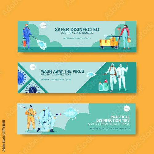 Disinfection banner design with spraying,cleaning,washing and disinfectant protect virus,bacteria and coronavirus or 2019-ncov