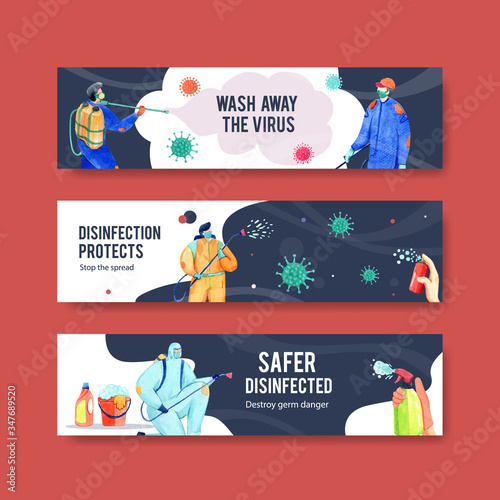 Disinfection banner design with spraying,cleaning,washing and disinfectant protect virus,bacteria and coronavirus or 2019-ncov