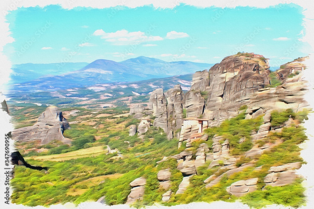 Meteora. Rocks. Imitation of a picture. Oil paint. Illustration