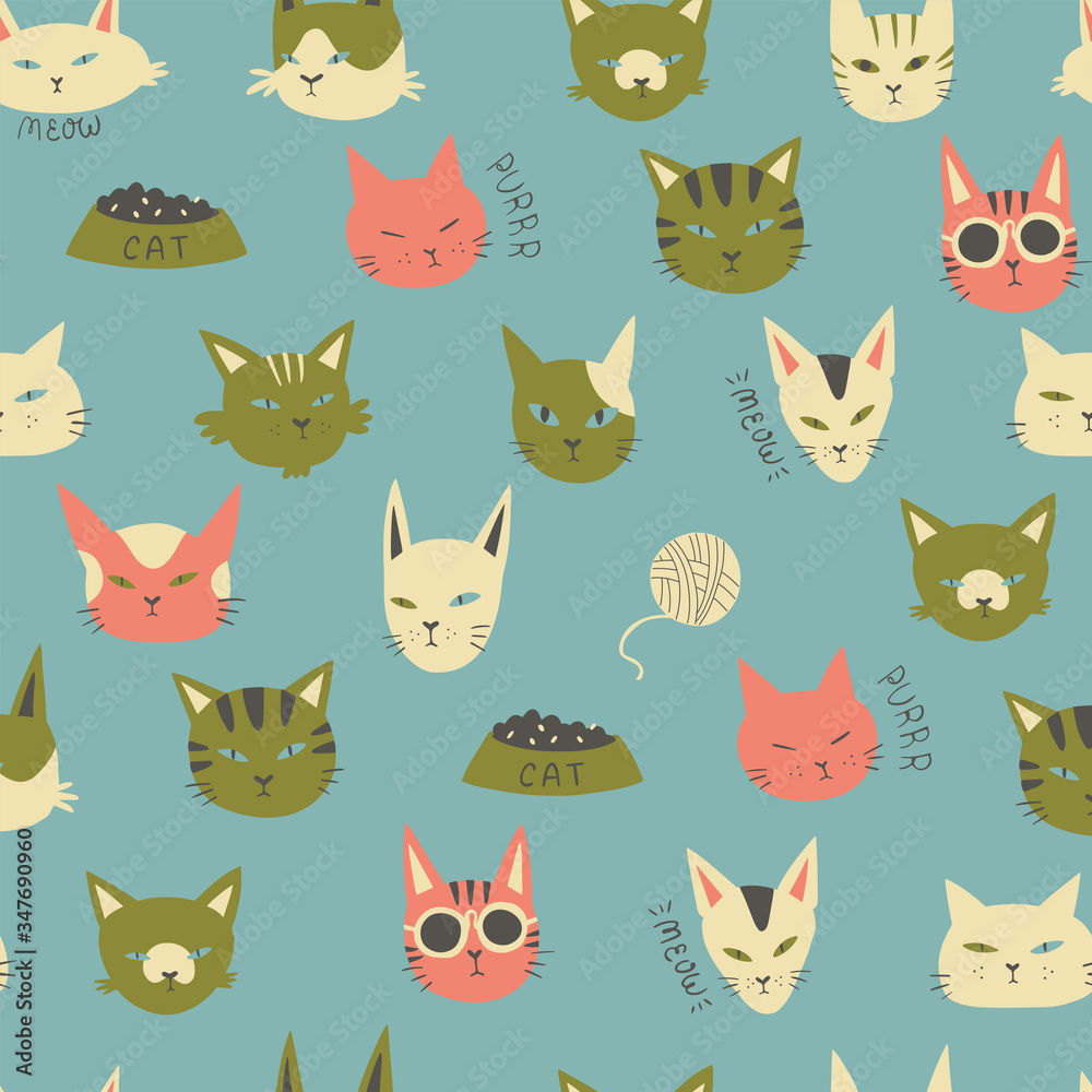 Fototapeta premium Cute seamless pattern with cats in doodle style. Hand drawn vector illustration.