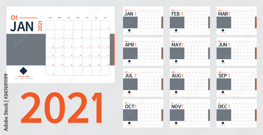 2021 new year calendar and planner vector in clean minimal table simple style and blue ,orange color,Holiday event planner,Week Starts Sunday.include holiday event