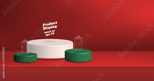 Vector,Empty vivid red gradient with white and green studio round kiosk stand background ,product display with copy space for display of product Banner for advertise product on online media
