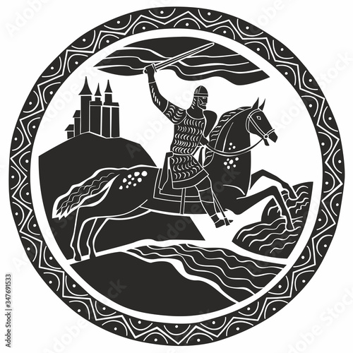 A medieval knight is riding a horse. Black and white decorative graphics. Stylization of book engraving