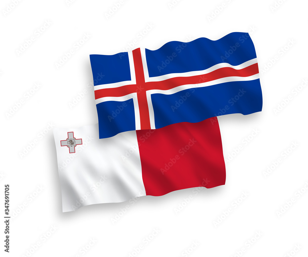 Fototapeta premium National vector fabric wave flags of Malta and Iceland isolated on white background. 1 to 2 proportion.