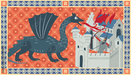 Dragon burns the city. Medieval book illustration on a red background. Stylization under a historical miniature