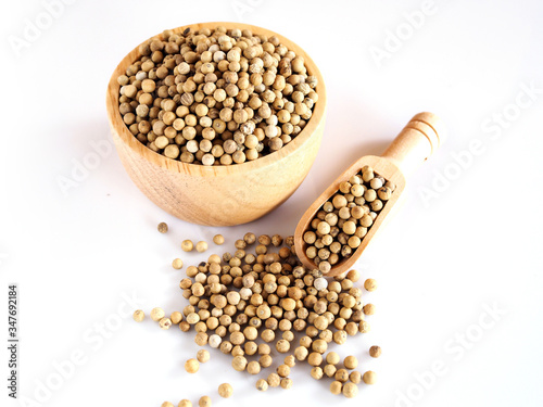 Top view of herbs and spices with dried coriander seeds isolated on white background.