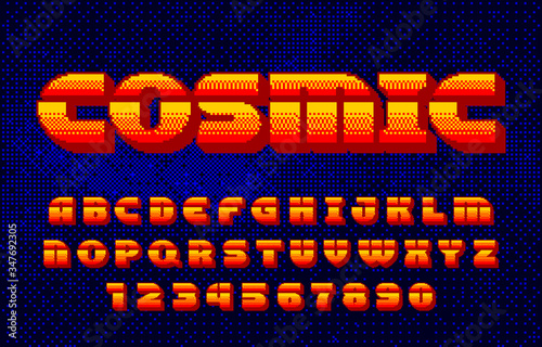 Cosmic alphabet font. Pixel letters and numbers. Pixel background. 80s arcade video game typescript.