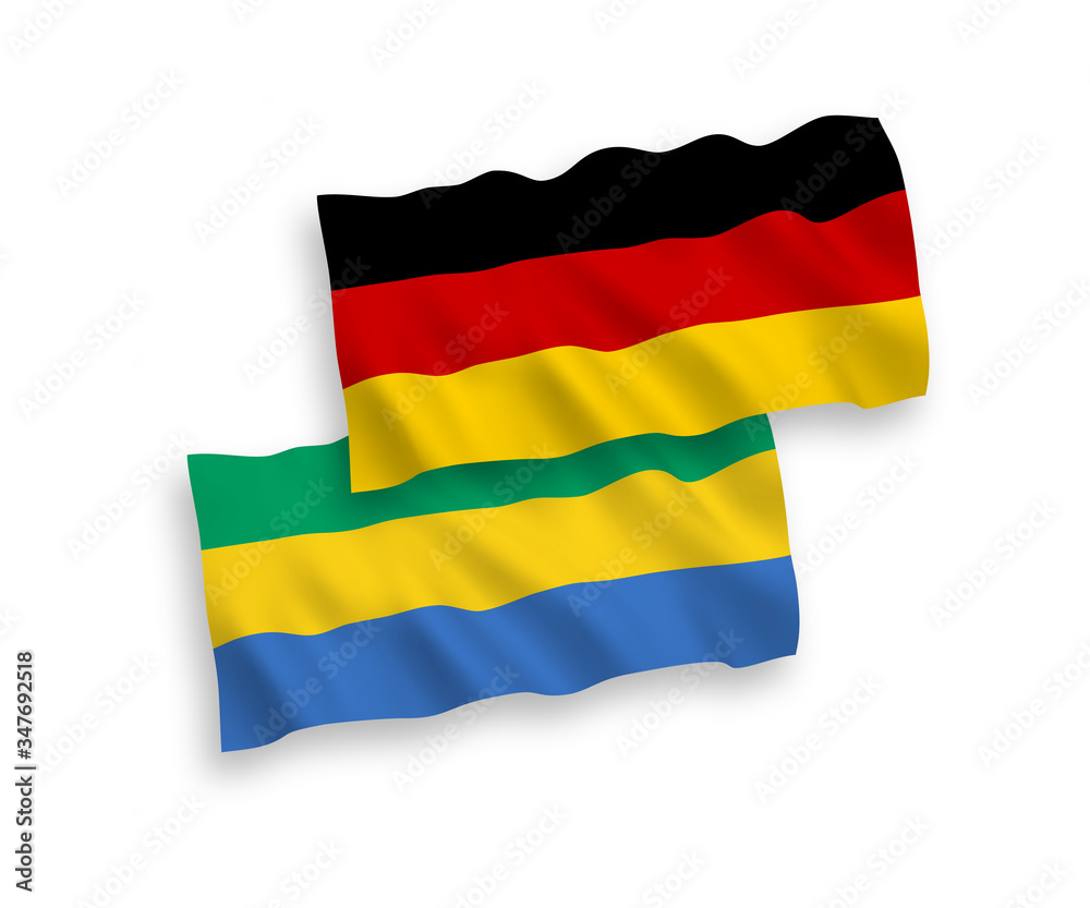 Obraz premium National vector fabric wave flags of Germany and Gabon isolated on white background. 1 to 2 proportion.
