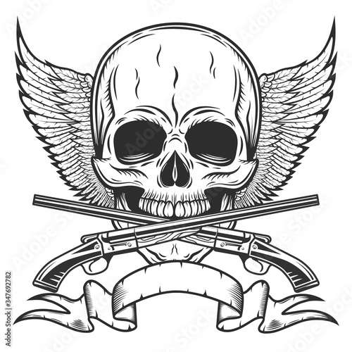 Vintage skull with wings, ribbon and crossed sawn-off shotgun monochrome isolated vector illustration